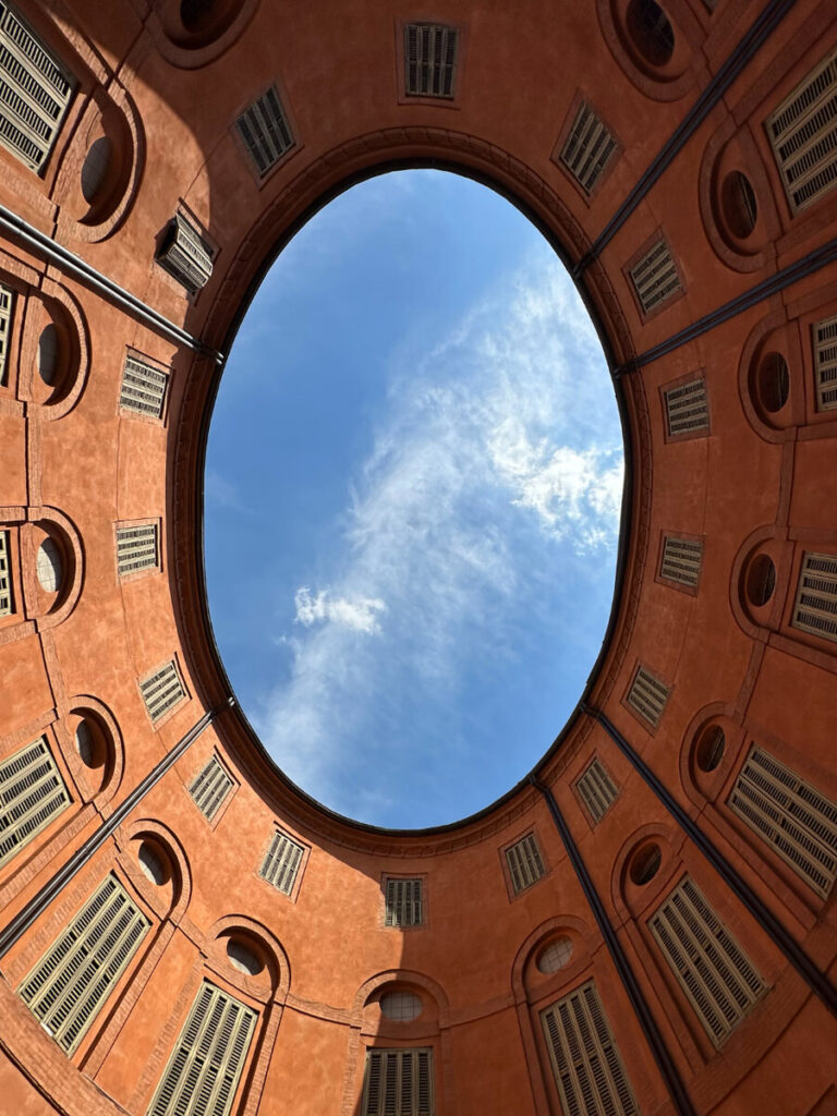 A circular courtyard seen from above